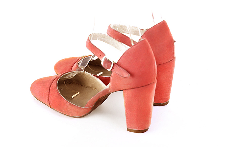 Women's coral elegant closed-back heels, with an instep strap. Round toe. High block heels - Rear view